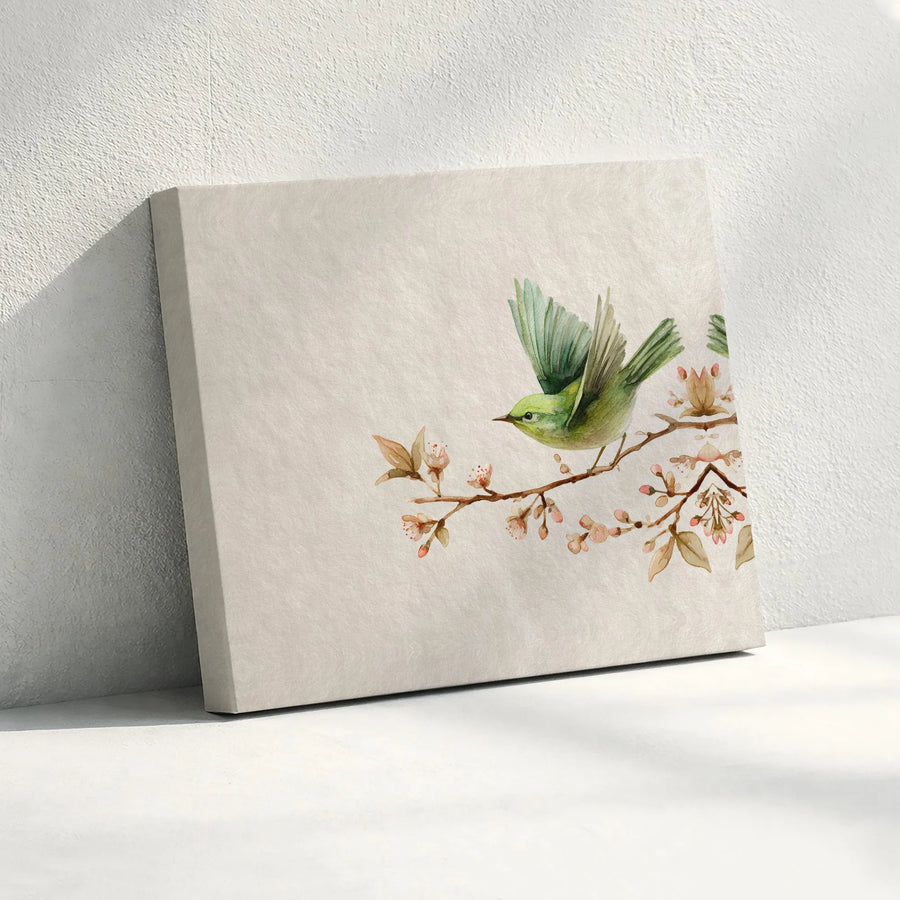 Minimalist Bird Canvas Wall Art | Japanese Watercolor Green Bird on Blossom Branch | Premium Fade-Resistant Print | Zen Living Room Decor Gift