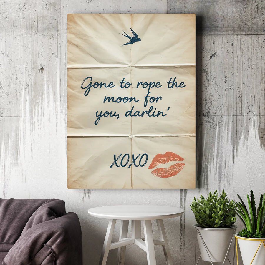 Romantic Quote Canvas Wall Art | Vintage 'Rope The Moon' Love Note Design | Premium Gallery Wrapped Print | Anniversary Gift for Her, Bedroom Decor