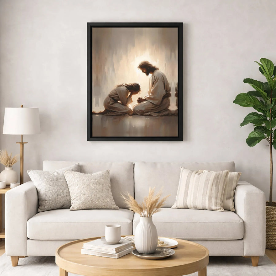 Jesus Praying With Kneeling Woman Canvas | Religious Wall Art | Premium Fade-Resistant Print | Spiritual Home Decor Gift