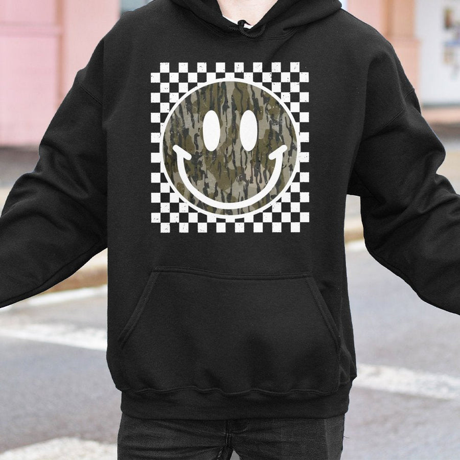 Camo Smiley Face Hoodie | Checkerboard Retro Graphic Print | Soft Cotton-Poly Blend | Unisex Trendy Gift for Women and Men