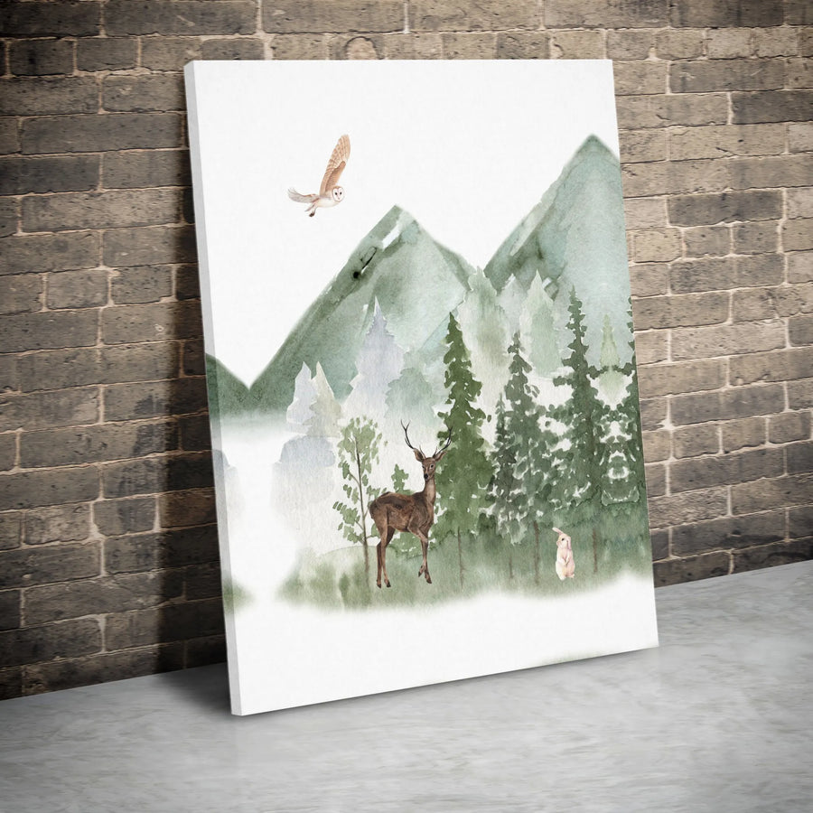 Watercolor Forest Mountain Canvas Print | Deer, Owl & Rabbit Wall Art | Premium Gallery Wrapped Decor | Nature Lover Gift for Home Nursery