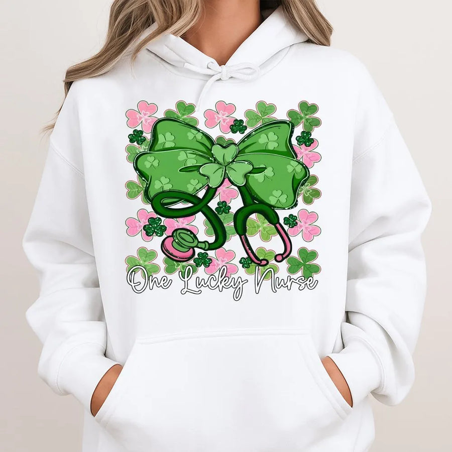 One Lucky Nurse Hoodie | St Patrick's Day Stethoscope Shamrock Bow Graphic | Premium Cotton Blend | Nursing Student RN Gift