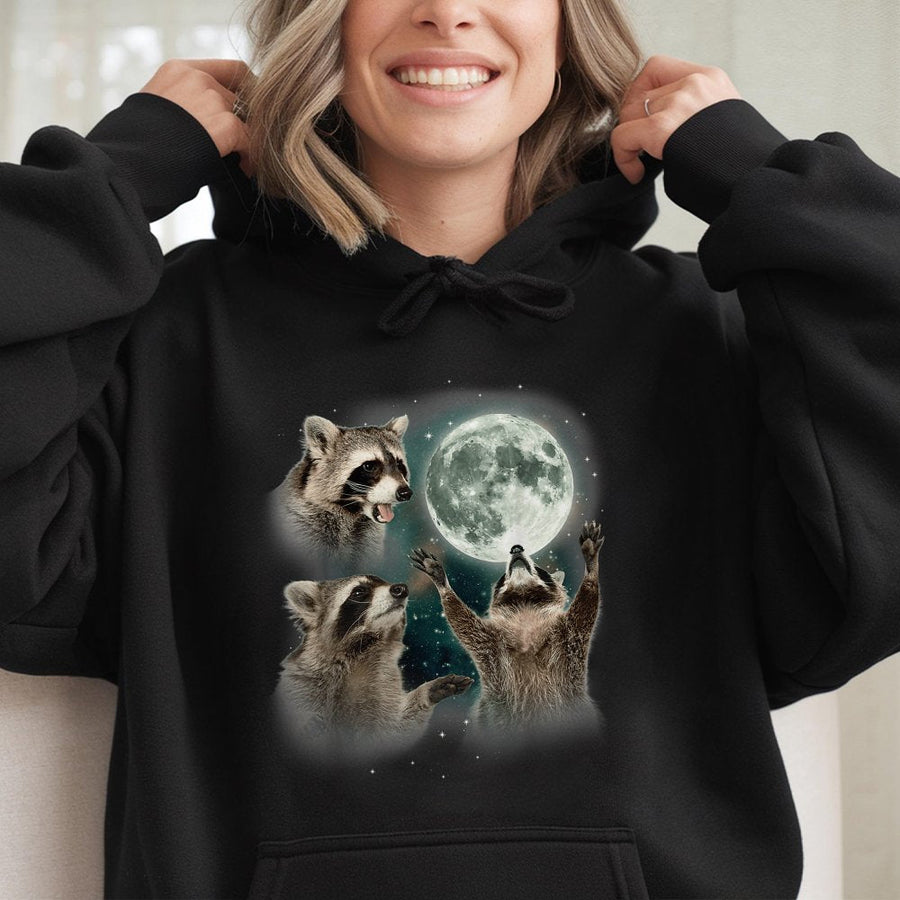 Raccoon Moon Hoodie | Funny Whimsical Night Wildlife Graphic | Cotton Blend Premium Sweatshirt | Unique Animal Lover Gift For Men Women