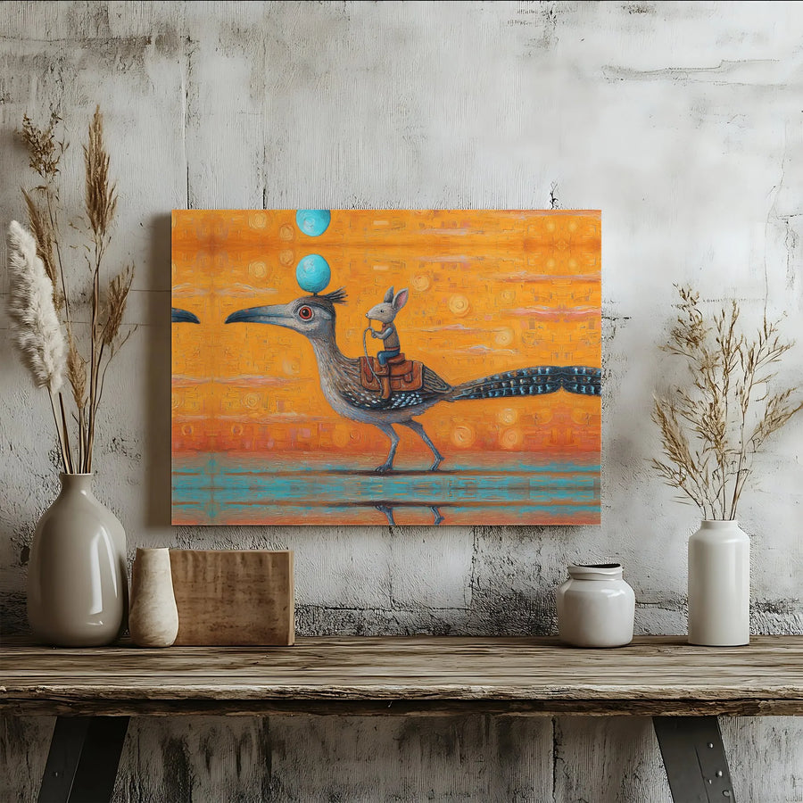 Whimsical Mouse Riding Roadrunner Horizontal Canvas | Surreal Desert Sunset Painting, Textured Art Style | Premium 1.25 Inch Gallery Wrap | Unique Gift for Fantasy Art Lovers