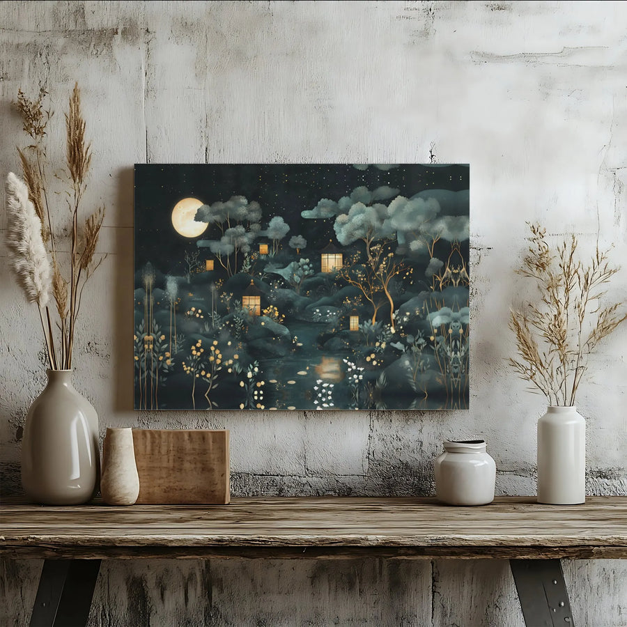 Japanese Garden Canvas Art | Mystical Night Moonlit Pagoda Landscape | Gallery-Wrapped Premium Wall Decor | Zen Home Office Wall Art Gift