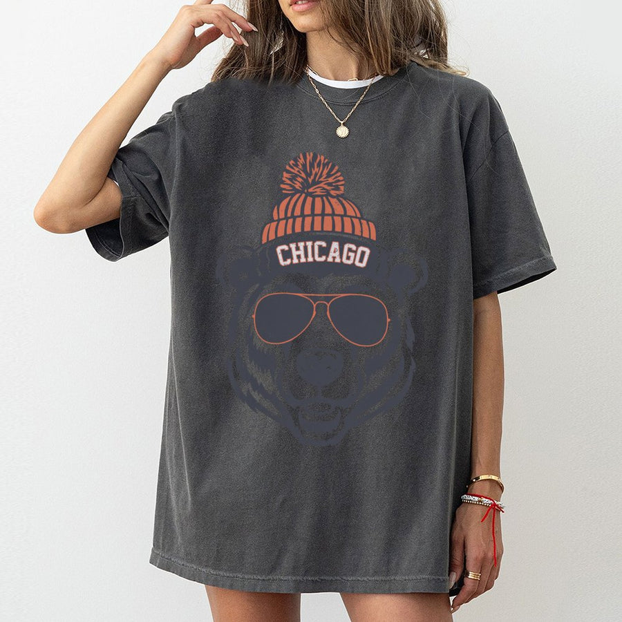 Chicago Bear Wearing Sunglasses And A Beanie T-Shirt