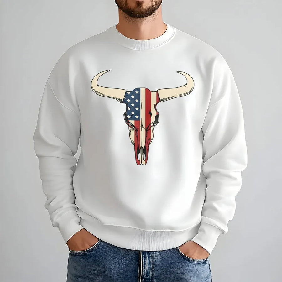 American Flag Bull Skull Sweatshirt | Patriotic Western Cowboy Graphic Print | Soft Cotton-Blend Premium Crewneck | Country Gift for Him and Her