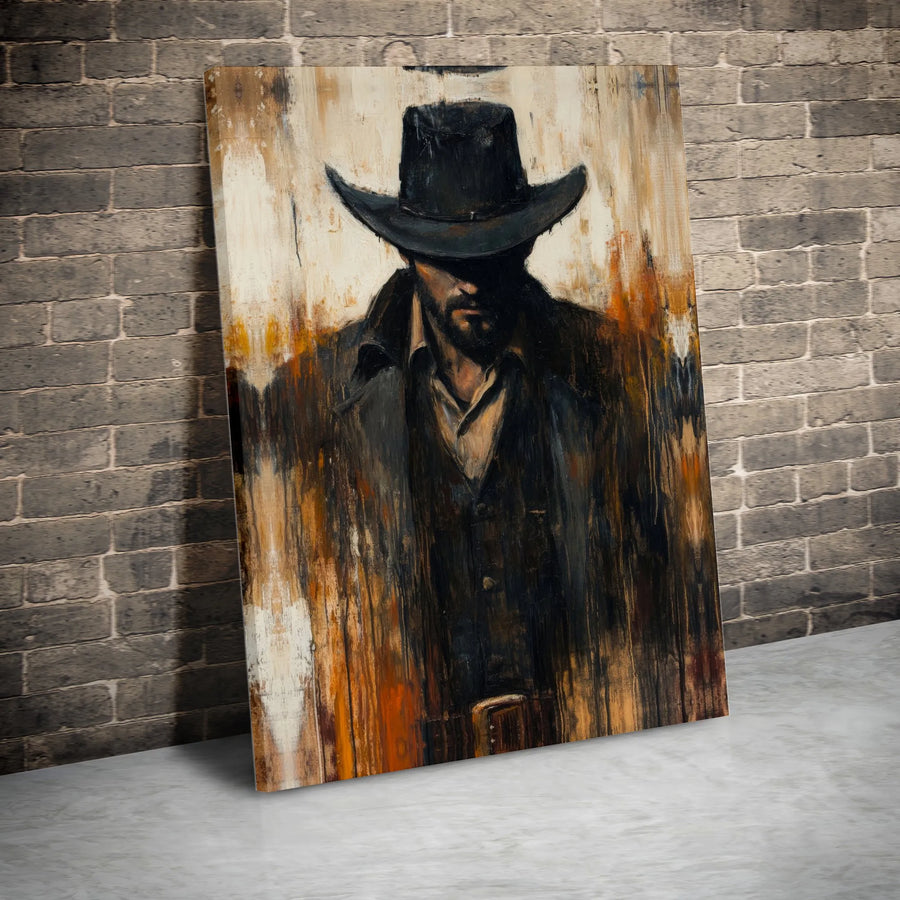 Western Cowboy Canvas Art | Abstract Moody Outlaw Wall Decor | Premium 1.25 Inch Gallery Wrap | Masculine Office & Home Gift