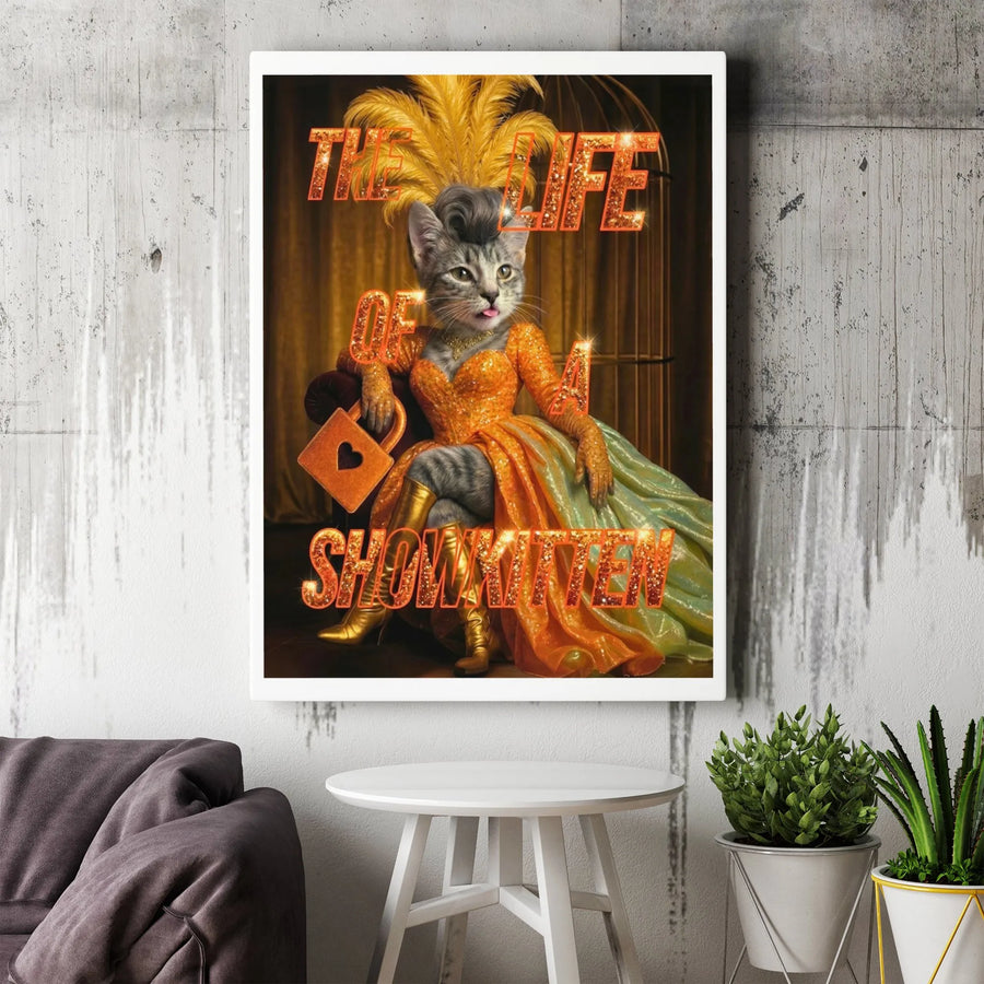 Showkitten Cat Wall Art | Glamorous Showgirl Kitten Portrait | Gallery Wrapped Premium Canvas | Whimsical Gift For Cat Lovers