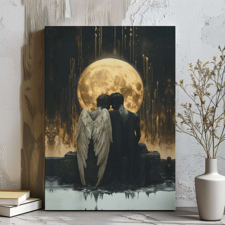 Angel And Demon Couple Wall Art | Romantic Gothic Moonlit Embrace | Premium Gallery Wrapped Canvas | Dark Fantasy Decor Gift For Partners