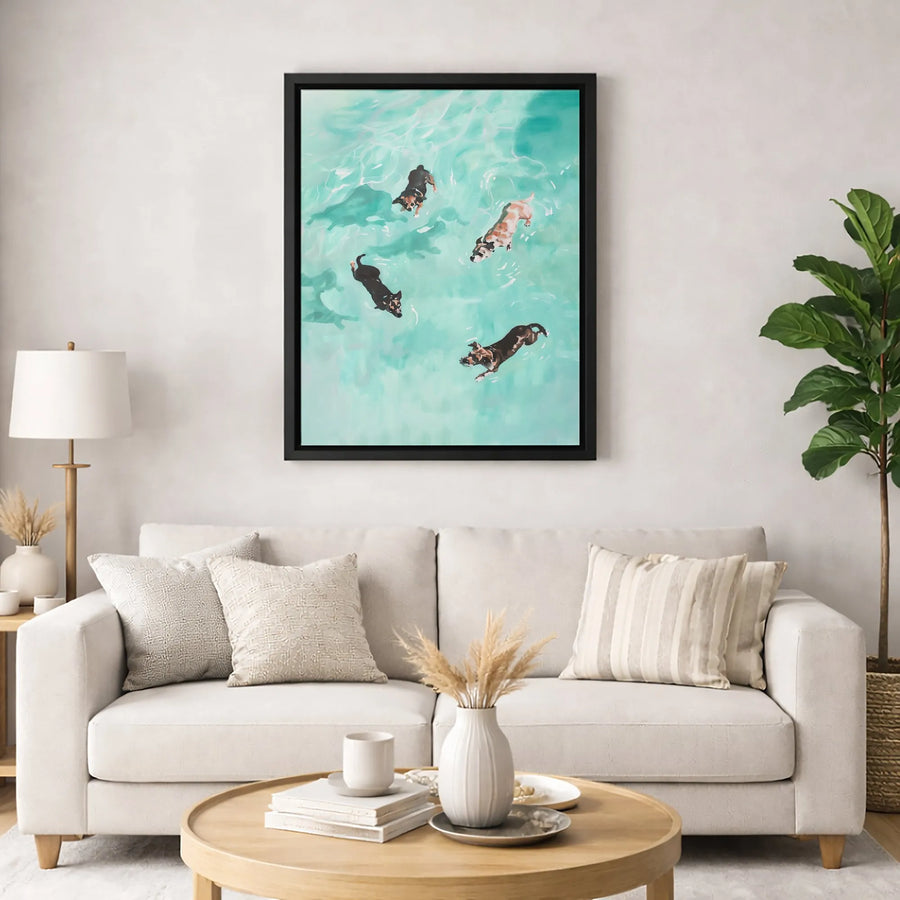 Dogs Swimming In Pool Canvas Print | Aerial Dog Art Wall Decor | 1.25-Inch Gallery Wrap | Premium Pet Lover Gift Home Office Wall Art