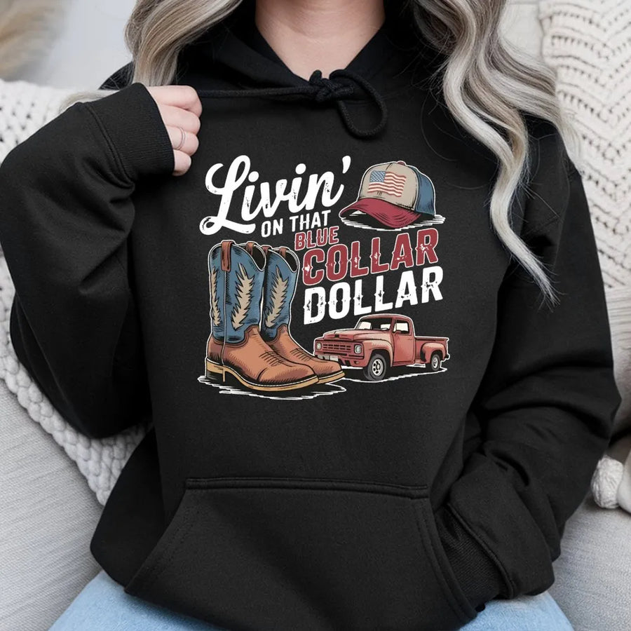 Blue Collar Dollar Hoodie | Western Cowboy Boots & Pickup Truck Graphic | Premium Cotton Blend | Patriotic American Gift for Hardworking Men