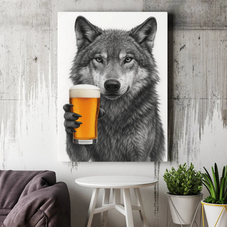Wolf Holding Beer Canvas Wall Art | Funny Animal Bar Decor | Premium Fade-Resistant Print | Unique Gift for Beer Lovers & Man Cave Decor
