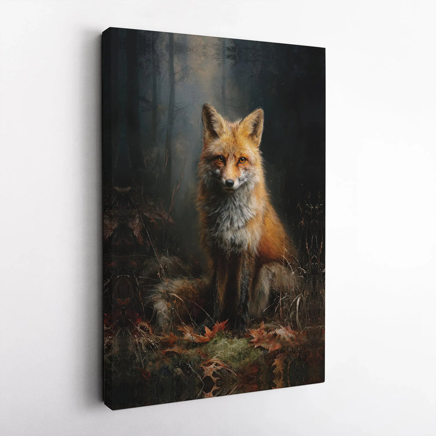 Red Fox Canvas Print | Moody Forest Portrait, Vintage Oil Painting Style | Premium Gallery Wrapped Canvas | Rustic Cabin Decor Gift for Nature Lovers