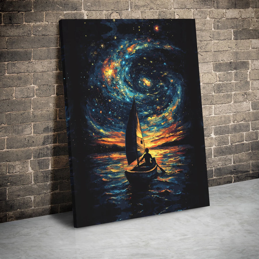 Cosmic Ocean Sailboat Canvas Art | Swirling Galaxy Night Sky Wall Decor | Premium 1.25" Gallery Wrap | Dreamy Celestial Gift for Space Lovers