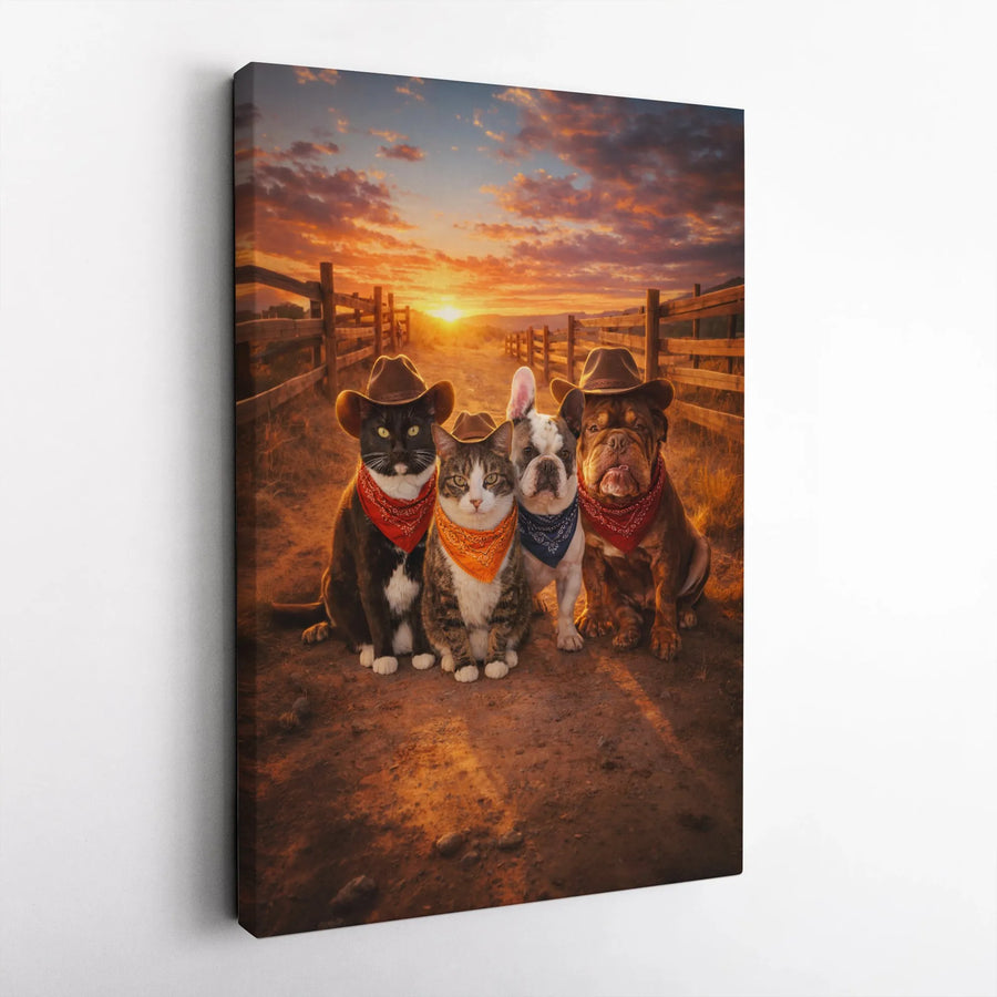 Cowboy Pets Canvas Print | Funny Cat and Dog Posse Portrait | Premium Matte Canvas | Gift for Pet Lovers & Country Home Decor