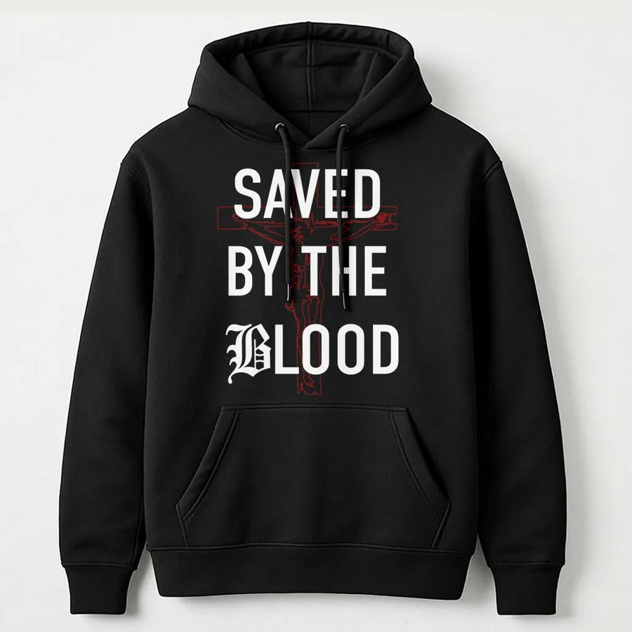 Saved By The Blood Hoodie | Religious Cross Graphic Design | Premium Cotton Blend | Christian Faith Apparel Gift For Men And Women