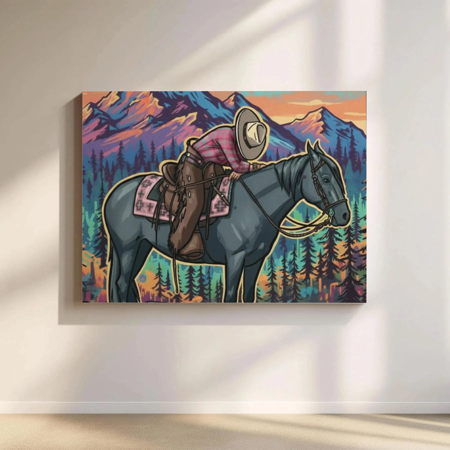 Cowboy and Horse Canvas Wall Art | Modern Western Pop Art Illustration | Premium Gallery Wrap | Ranch and Cabin Decor Gift