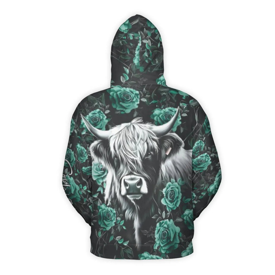 Highland Cow Hoodie | Teal Rose Floral 3D Print | Premium Brushed Fleece Lining | Gift For Farmhouse Decor Lovers & Country Style Fans
