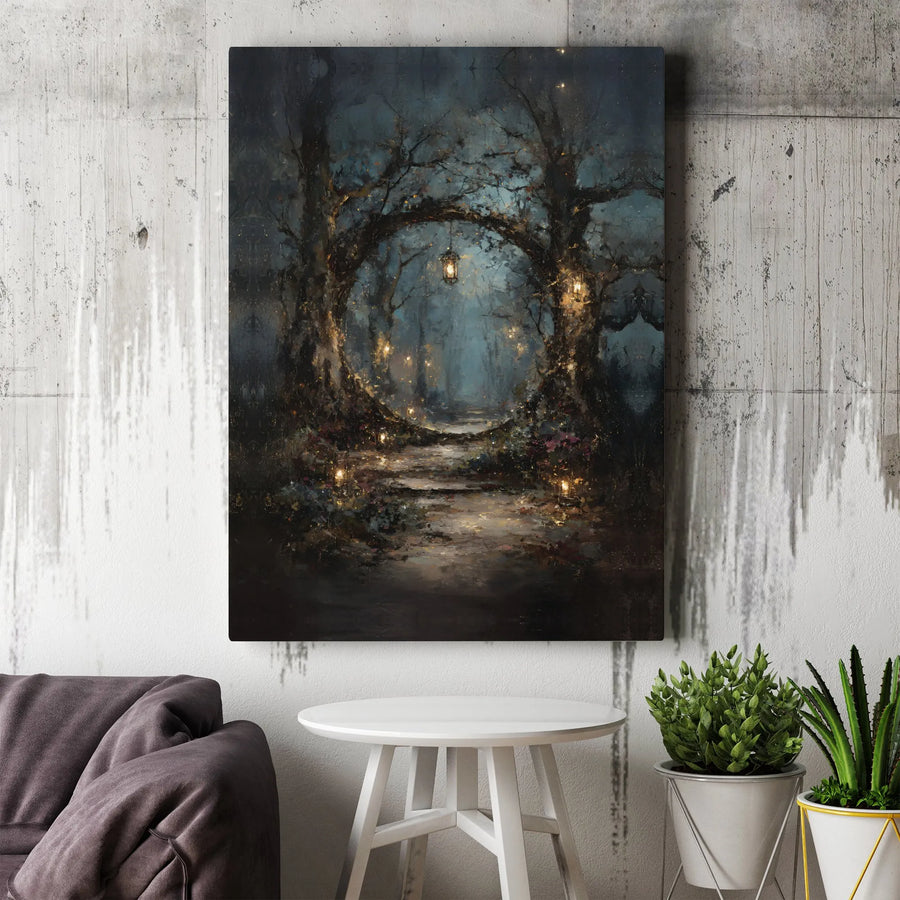 Enchanted Forest Canvas Wall Art | Mystical Pathway with Lanterns | Premium Gallery Wrapped Print | Gothic Home Decor Gift