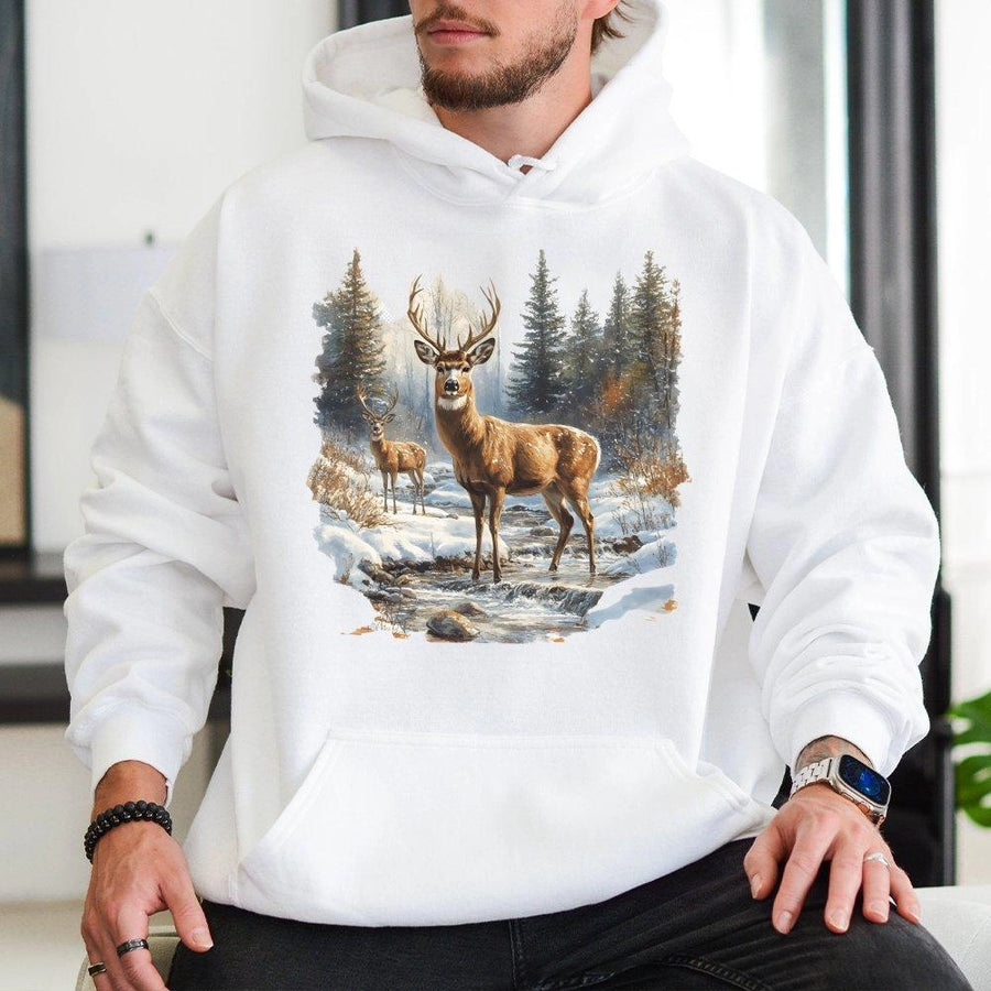 Deer Winter Forest Hoodie | Realistic Wildlife Nature Scene | Premium Cotton Blend | Cozy Gift For Outdoorsmen & Nature Lovers
