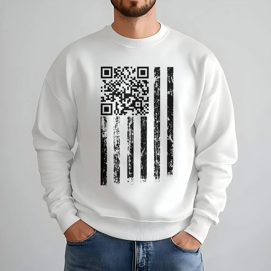 American Flag QR Code Sweatshirt | Distressed USA Patriotic Graphic | Cotton Blend Unisex Apparel | Unique Conservative Gift