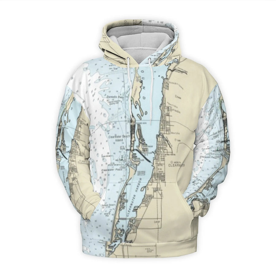 Clearwater Florida Nautical Map Hoodie | All-Over Print 3D Design | Brushed Fleece Lined Polyester | Coastal Gift for Beach Lovers & Boating Enthusiasts