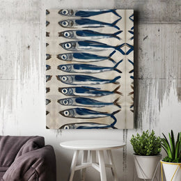 Blue Sardine School Canvas Wall Art | Coastal Minimalist Fish Print | Gallery Quality 1.25-inch Profile | Beach House Home Decor Gift