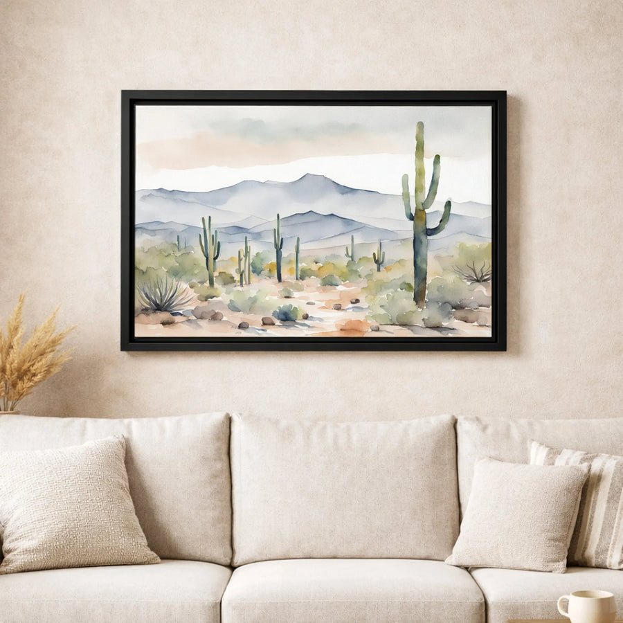 Watercolor Desert Landscape Canvas | Saguaro Cactus Mountains Art | Premium 1.25-Inch Gallery Wrap | Southwestern Home Decor Gift