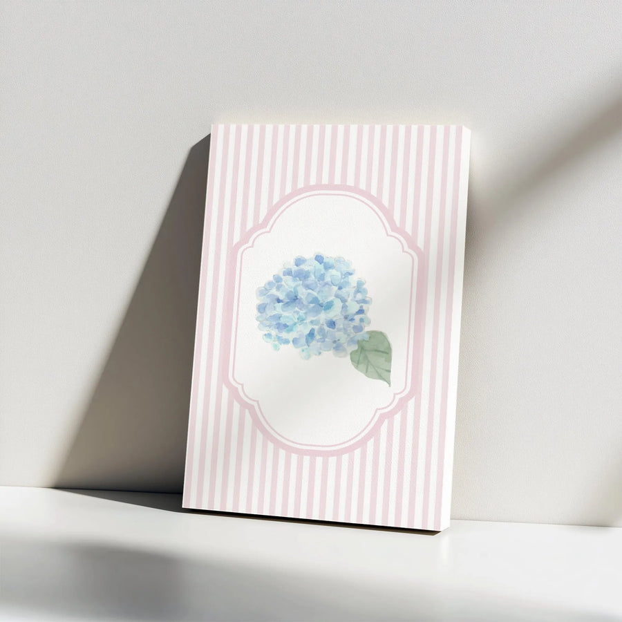 Watercolor Hydrangea Canvas Wall Art | Pink Stripes & Blue Floral Print | Premium 1.25" Thick Gallery Canvas | Gift for Her & Cottagecore Home Decor