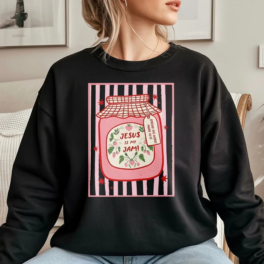 Jesus Is My Jam Sweatshirt | Cute Strawberry Jam Jar Graphic | Soft Cotton Blend Pullover | Faith Based Gift for Christian Women