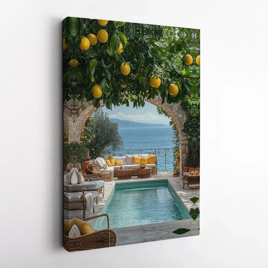 Amalfi Coast Mediterranean Pool Vertical Canvas | Italian Villa Lemon Tree Archway Scene | Premium 1.25” Gallery Wrap | Aesthetic Home Decor Gift for Travel Lovers