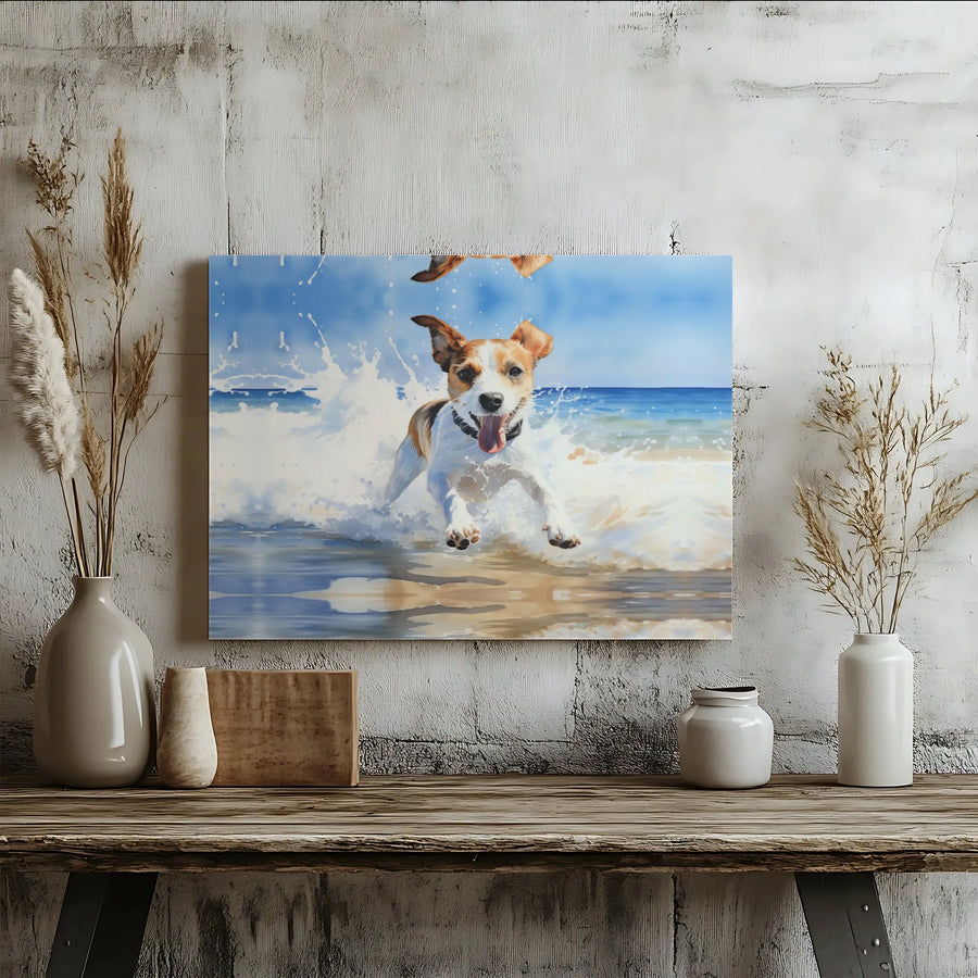 Jack Russell Beach Canvas Art | Vibrant Watercolor Dog Print | Premium Gallery Wrapped Canvas | Gift for Dog Lover, Coastal Home Decor