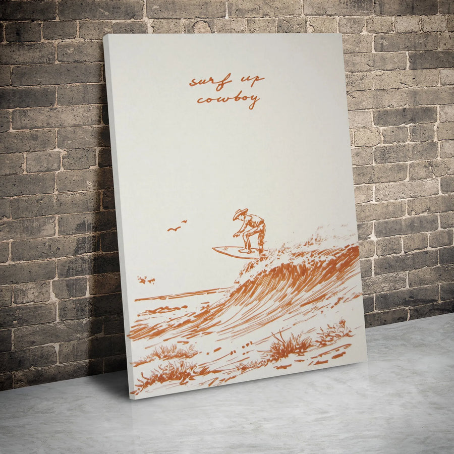 Surfing Cowboy Canvas Wall Art | Western Beach Aesthetic Line Sketch | Premium Gallery Wrap Print | Coastal Home Decor Gift for Him
