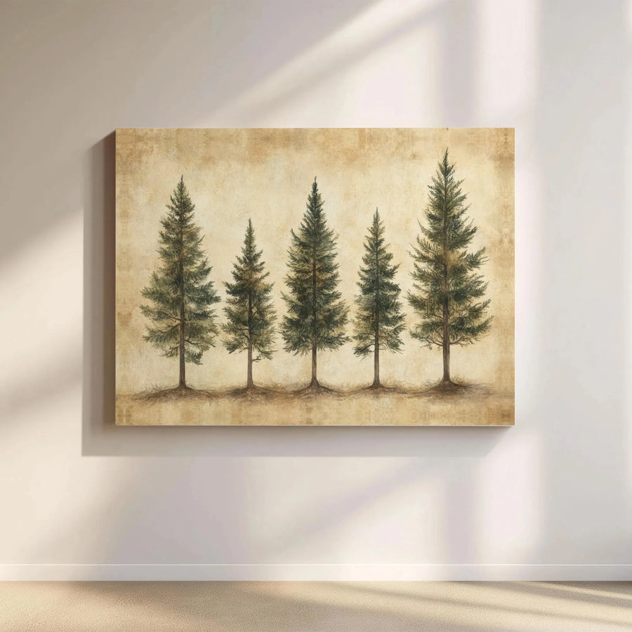 Pine Tree Canvas Wall Art | Rustic Vintage Forest Botanical Sketch | Premium Gallery Wrapped Decor | Nature Lover Gift