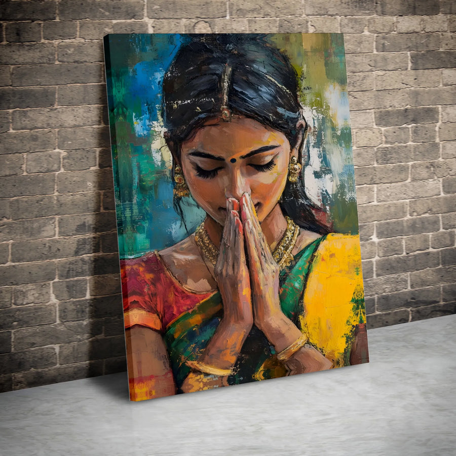 Indian Woman Canvas Print | Abstract Portrait in Namaste Pose | Premium Gallery Wrap Canvas | Spiritual South Asian Home Decor Gift