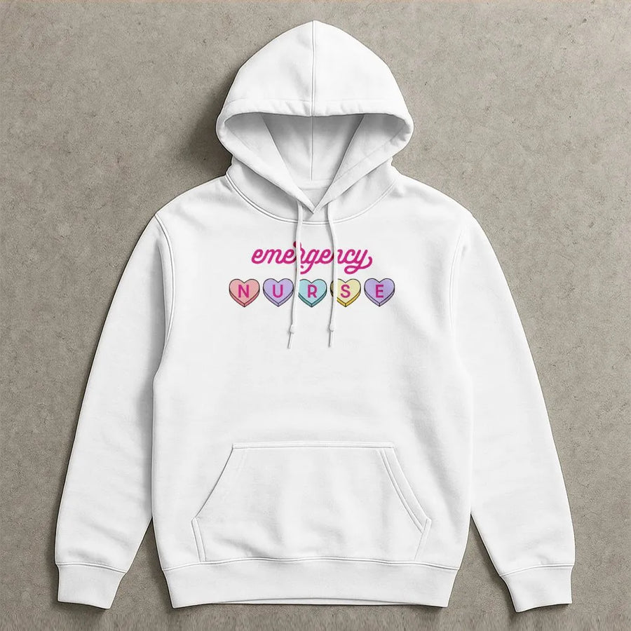 Emergency Nurse Valentine Hoodie | Candy Heart ER Medical Graphic | Premium Cotton Blend | Funny Nursing Student Gift for Her