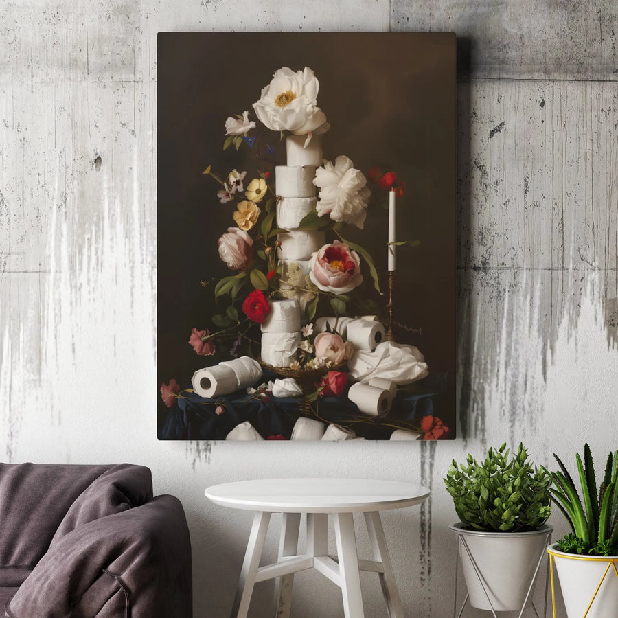 Toilet Paper Still Life Art | Dutch Masters Floral Oil Painting Style | Premium Gallery Canvas | Funny Bathroom Decor & Home Gift
