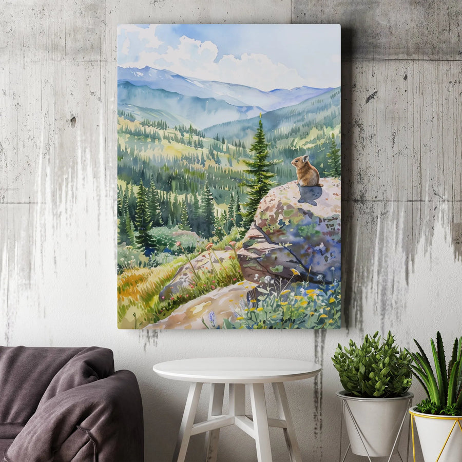 Pika Mountain Landscape Canvas | Watercolor Wildflower Meadow Art | Premium Gallery-Wrapped Print | Nature Lover Gift Wall Decor