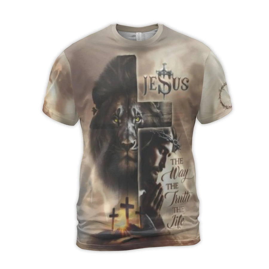 Jesus Lion Cross 3D T-Shirt | The Way The Truth The Life Graphic Tee | Premium Stretch Jersey | Faithful Christian Gift For Men And Women