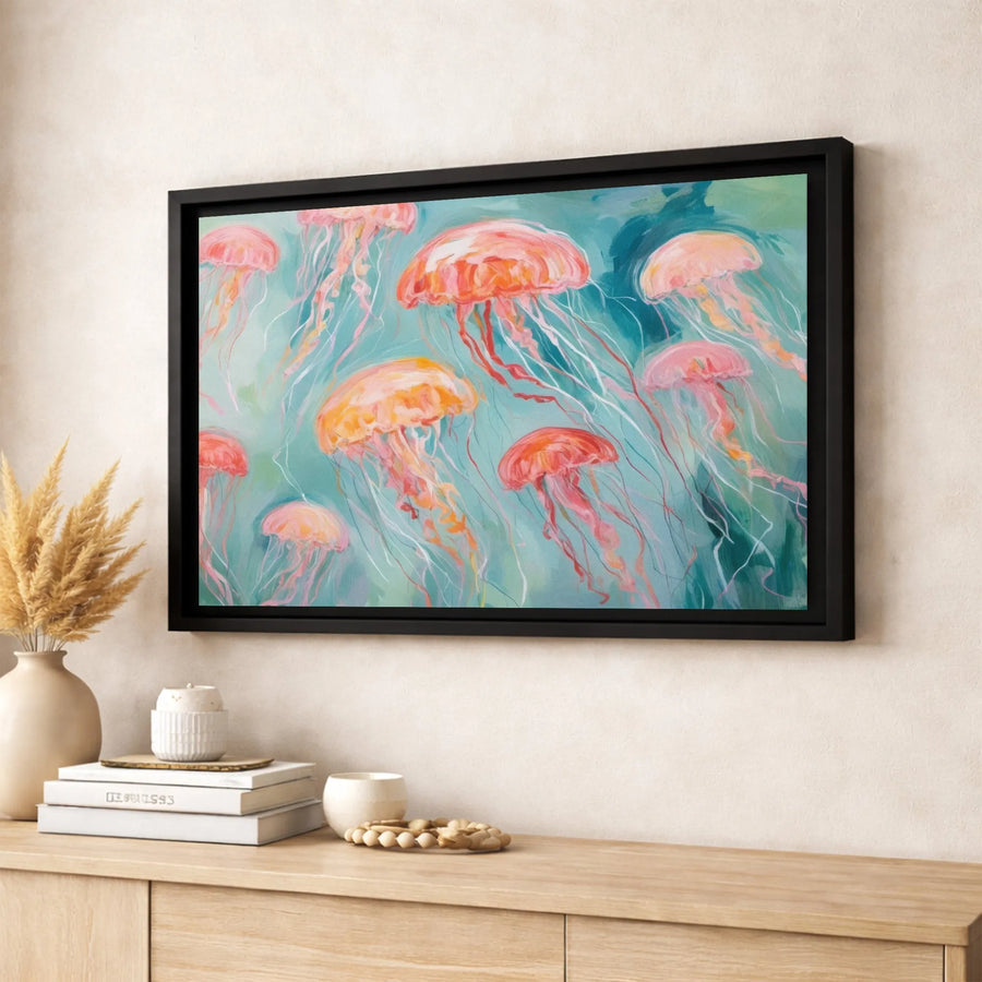 Jellyfish Wall Art Canvas | Abstract Pink and Orange Ocean Painting | Premium Gallery Wrap Print | Coastal Home Decor Gift for Beach Lovers