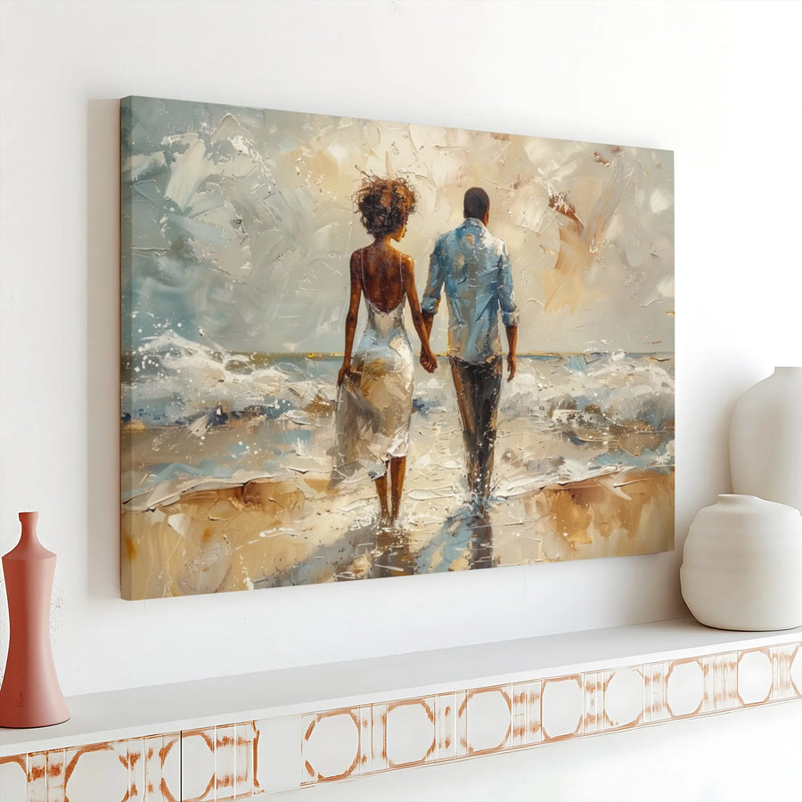 Black Couple Beach Canvas Art | Romantic Ocean Shore Impressionist Print | Gallery Wrapped 1.25" Wooden Frame | Anniversary Gift for Home Decor