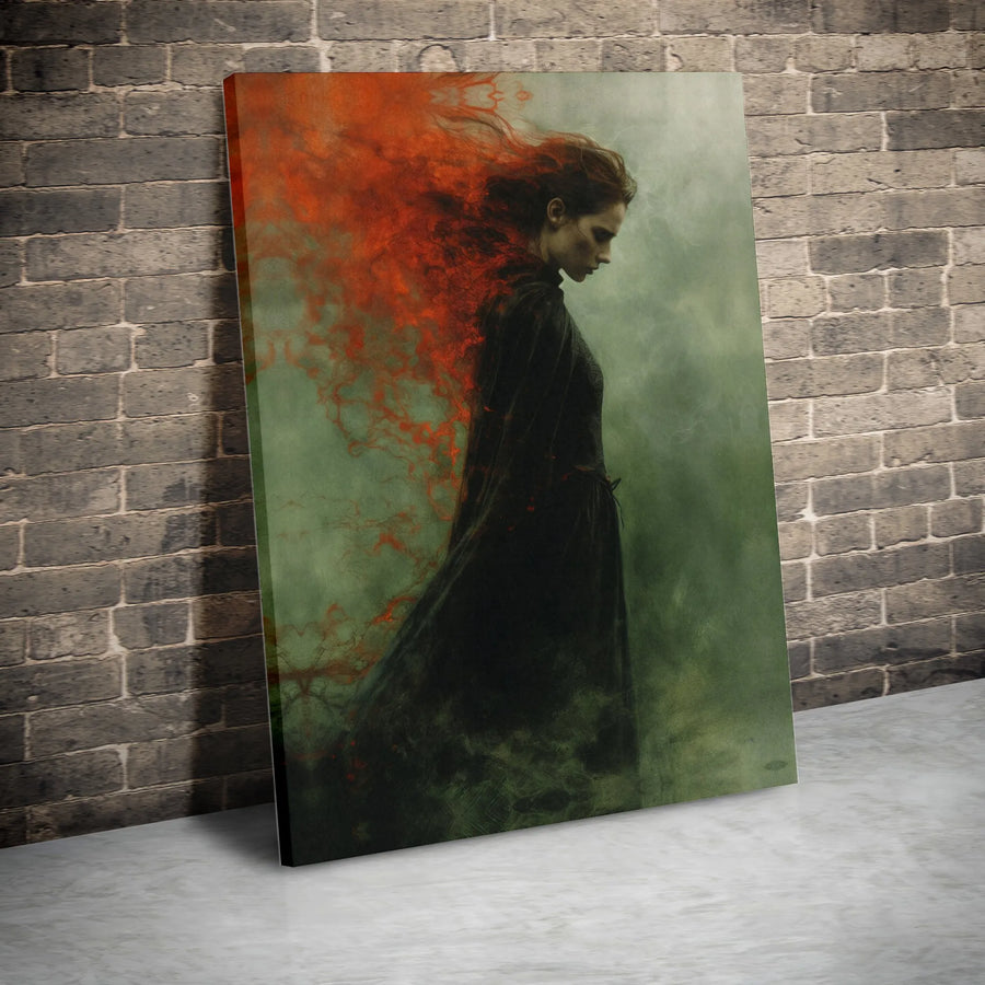 Gothic Woman Canvas Print | Fiery Red Hair Abstract Art | Gallery-Wrapped Premium Wall Decor | Moody Dark Aesthetic Fine Art for Home