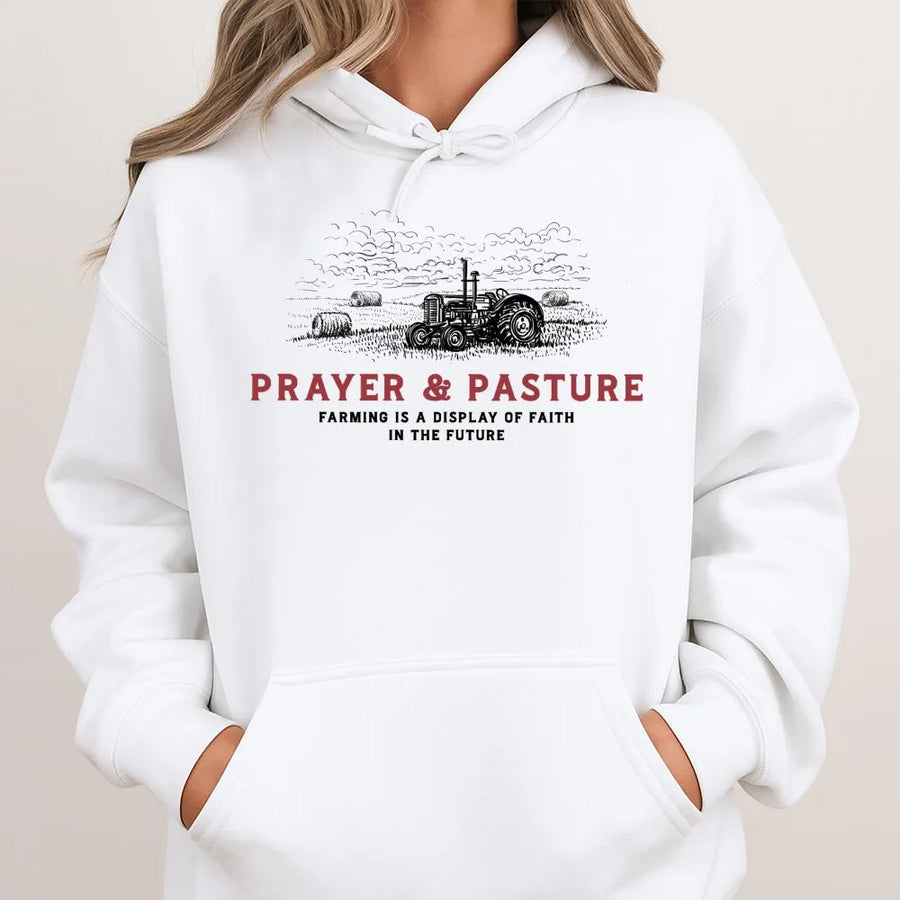 Prayer And Pasture Hoodie | Farm Life Tractor Graphic | Premium Cotton Blend | Faith-Based Apparel Gift For Farmers And Agriculture Lovers