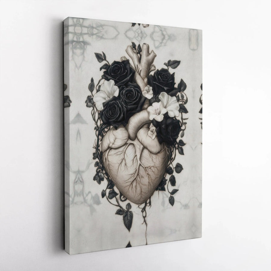 Anatomical Heart Canvas Art | Black Rose Floral Illustration | Premium 1.25-Inch Gallery Wrap | Gothic Romantic Home Decor