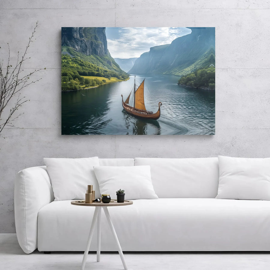 Viking Longship Canvas Print | Norwegian Fjord Landscape Wall Art | Premium 1.25-inch Gallery Wrap | Historical Nautical Decor for Home Office