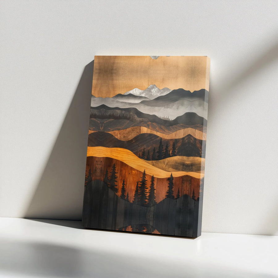 Mountain Landscape Canvas Wall Art | Rustic Wood Grain Style Print with Pine Trees | Premium Canvas | Modern Cabin & Lodge Decor Gift