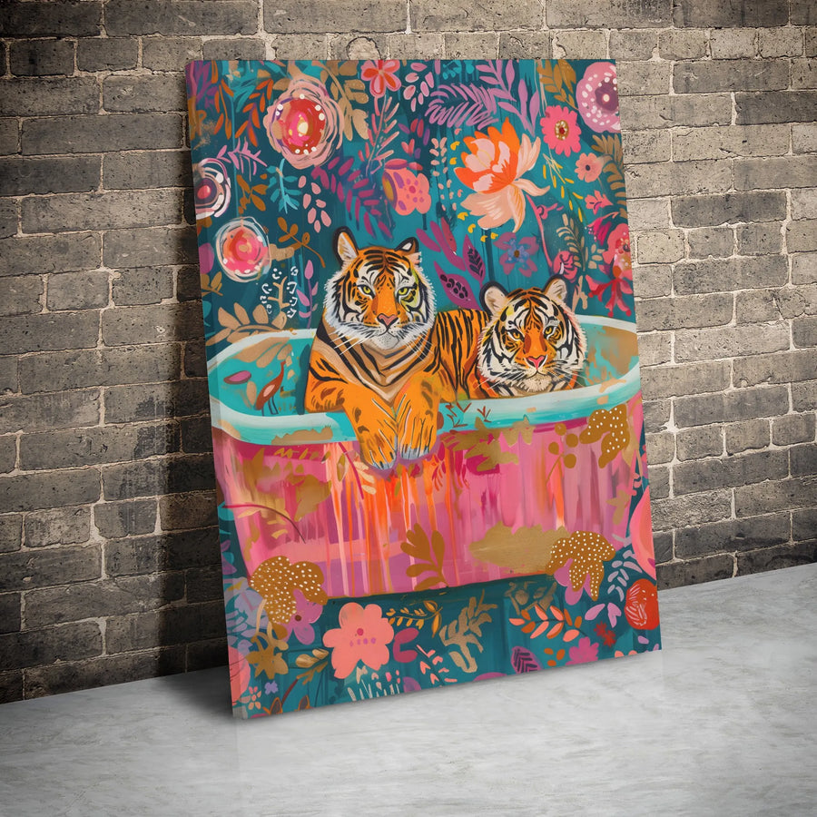Tiger Canvas Wall Art | Colorful Floral Bathtub Jungle Print | Premium Gallery Wrap Canvas | Unique Animal Lover Gift & Boho Home Decor