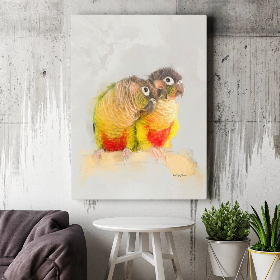 Green-Cheeked Conure Canvas Art | Watercolor Bird Couple Painting | 1.25-Inch Premium Gallery Profile | Parrot Lover Home Decor Gift