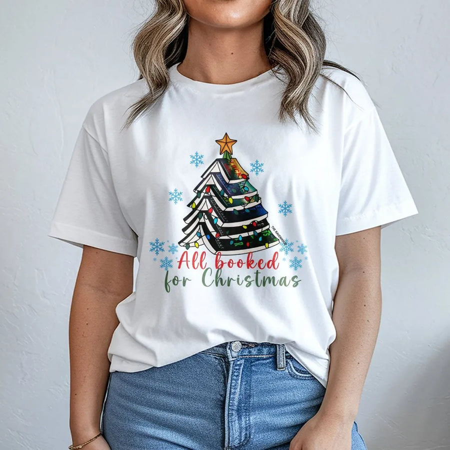 All Booked For Christmas T-Shirt | Book Tree Holiday Graphic Tee | Soft Cotton Reader Gift | Bookworm Holiday Apparel For Men And Women
